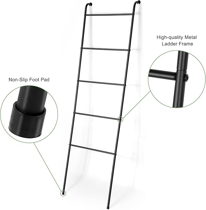Towel Blanket Ladder Black Metal Blanket Ladder Holder Industrial 5 Tier Wall Leaning Ladder Rack for Bathroom Living Room La