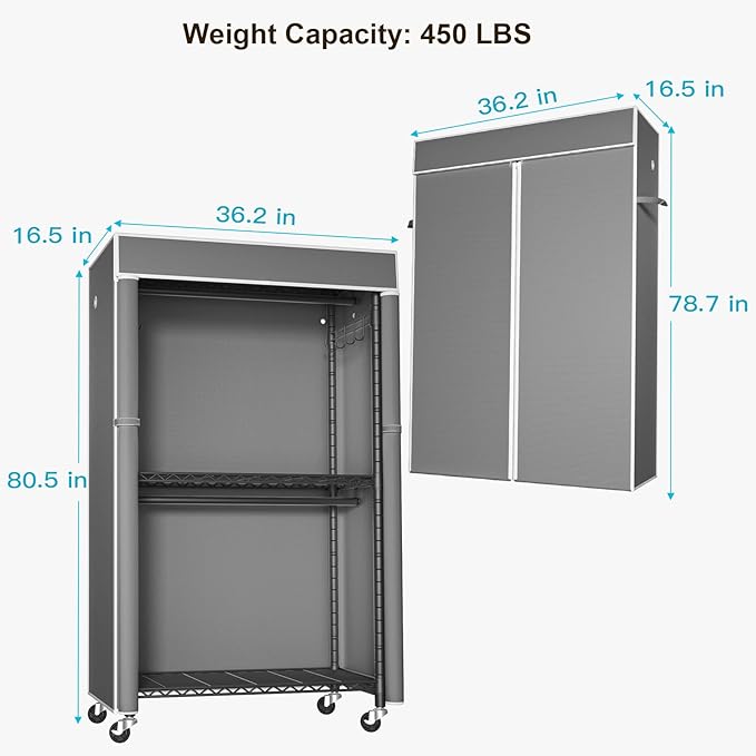 FUTASSI Black Clothing Rack with Dark Gray Cover, P1C Rolling Closets with Wheels, Metal Garment Rack for Hanging Clothes, Cl