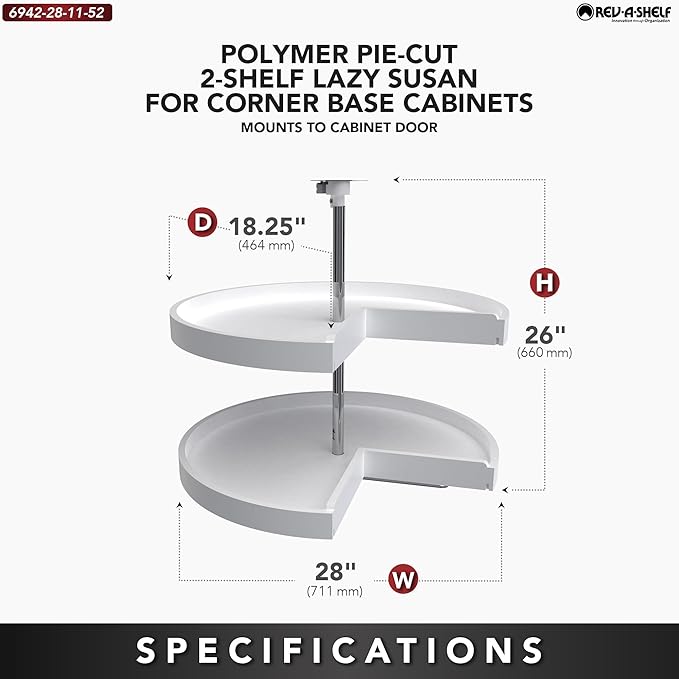 Rev-A-Shelf 2 Tier Pie-Cut Lazy Susan for Corner Base Cabinets, Plastic, 28" Double Shelf Swivel Kitchen Spice and Can Organi