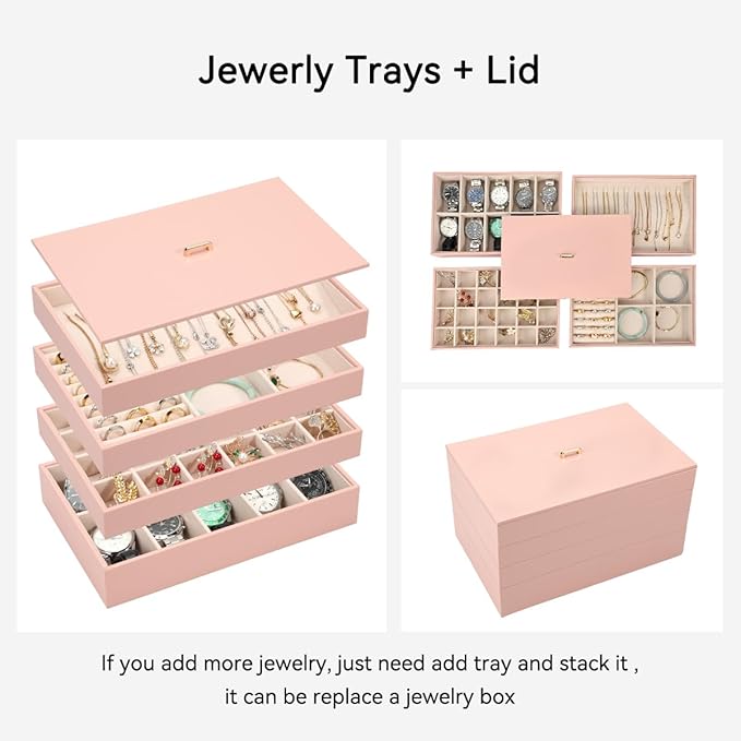 Voova Stackable Jewelry Organizer Tray with Lid, PU Leather Jewelry Storage Holder for Drawer Inserts, Jewellery Display Box 