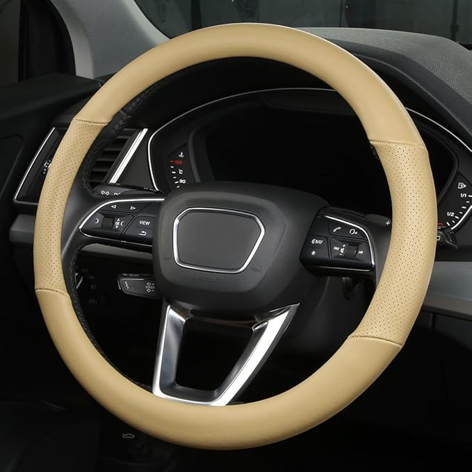 Cxtiy Genuine Leather Steering Wheel Cover with Ventilation Holes Luxury Cowhide,Breathable and Anti-Slip,14.5-15 inch(Beige)