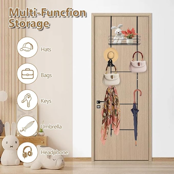 Over The Door Purse Organizer, Hanging Purse Organizer, Wall-Mounted Handbag Storage Rack with 16 Hooks & Metal Basket, Space