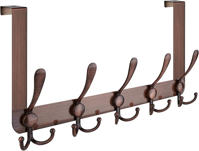 TICONN Over The Door Hooks, 5 Heavy Duty Tri Coat Rack All Metal Coat Hanger for Bathroom Bedroom Dorm (Antique Bronze, 1PK, 