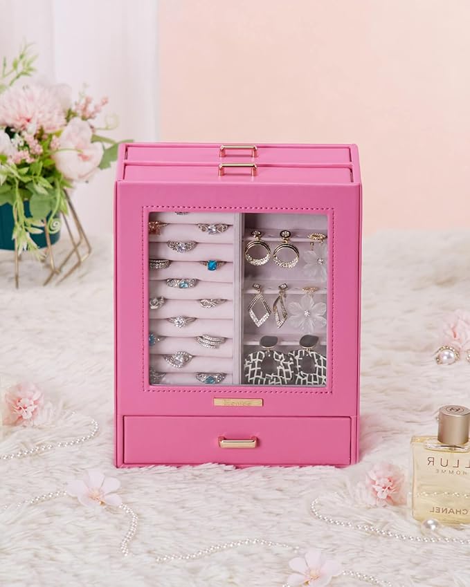 Homde Jewelry Organizer Girls Women Jewelry Box for Necklaces Rings Earrings Gift Bracelets Storage Case(Pink + Gold)