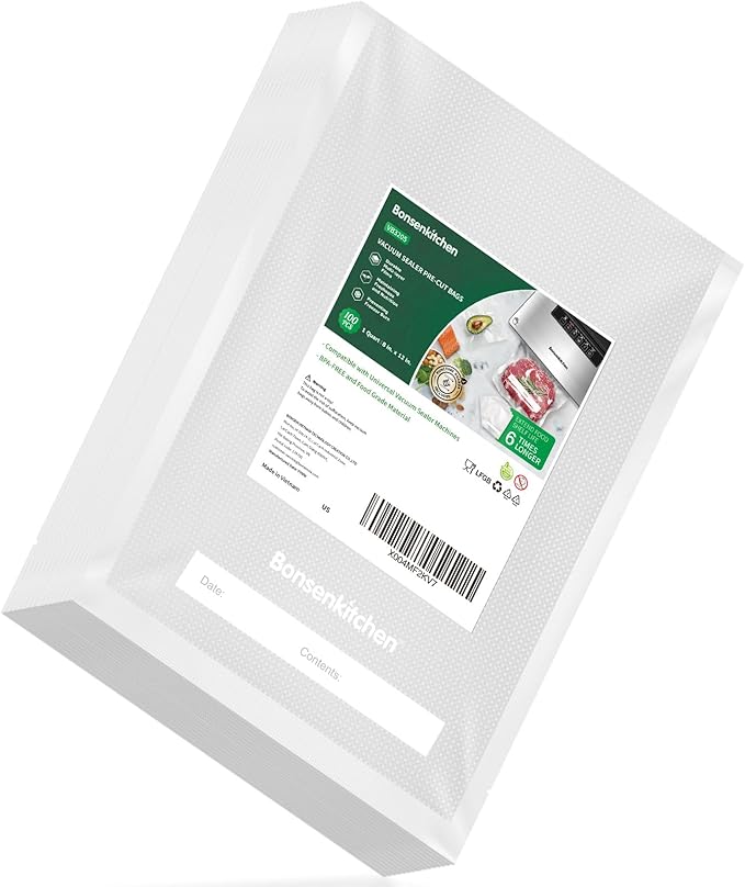 Bonsenkitchen Precut Vacuum Bags 100 Quart 8" x 12", BPA Free, Commercial Grade Textured Food Sealer Bag, Thick Embossed Bags