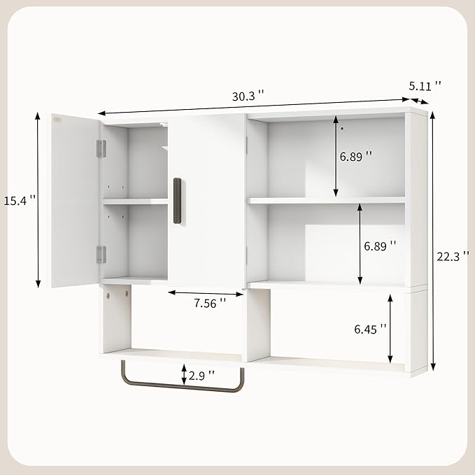 Medicine Cabinet, Wooden Bathroom Wall Cabinet with 2 Doors, Adjustable Shelves & Towel Bar, Over Toilet Storage Cabinet Wall