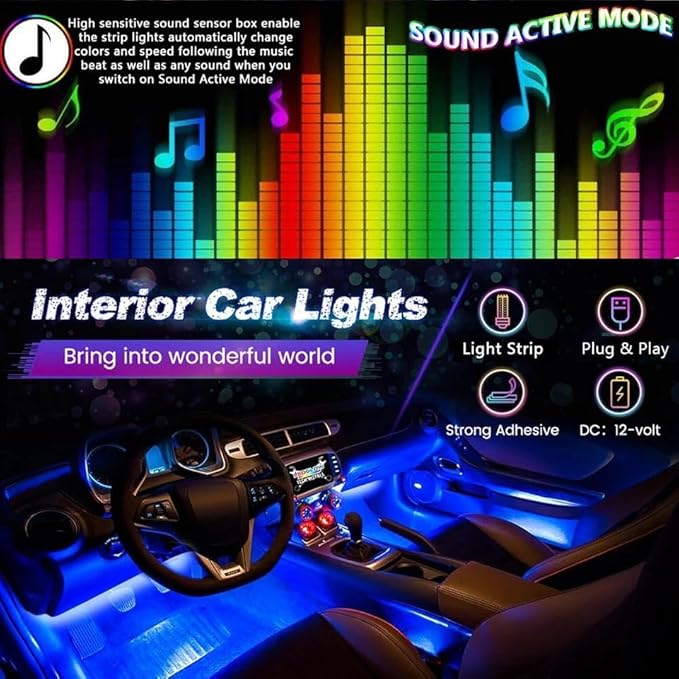 Smart Car Interior Lights,72 LED RGB Car LED Lights with Smart APP Remote Contro,Multicolor Footwell Under Dash Inside Light Kits Music Sync Mode,for Vehicle Internal Car Ambient Lighting Kits