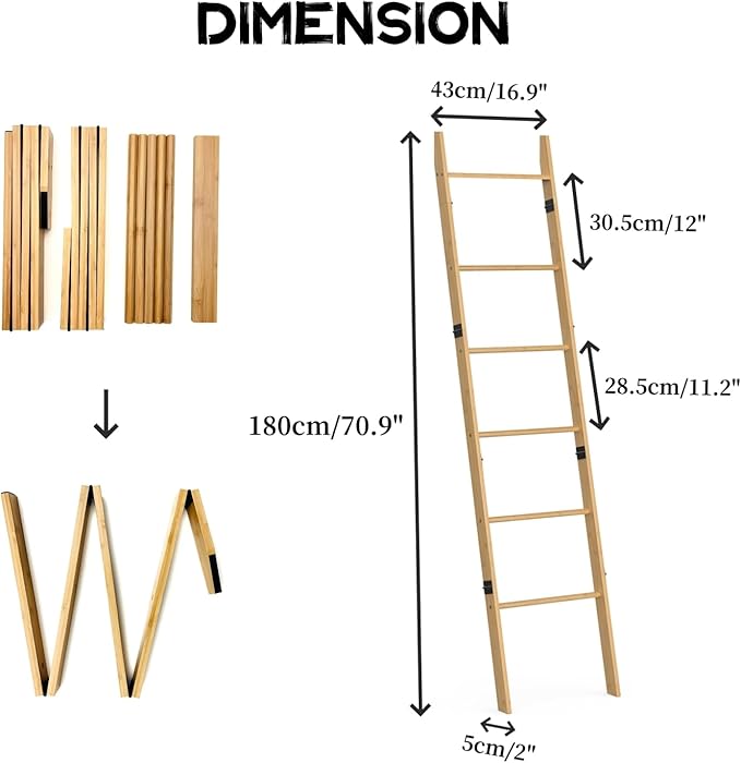 BAMBANG 6-Tier Blanket Ladder for Living Room, Blanket Quilt Ladder Rack Rustic Decorative Towel Holder, Wall Leaning Blanket