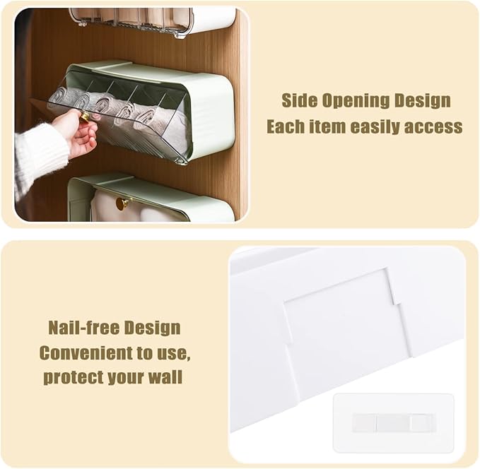 Socks Underwear Drawer Organizer, 5 Cell Compartments Acrylic Wall Mount Storage Boxes, Self-Adhesive Switchable Drawer Organ