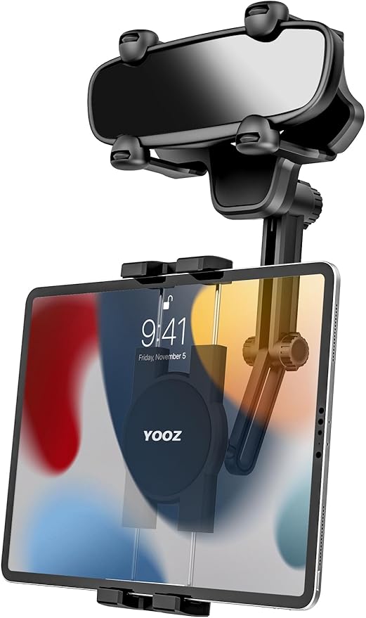 Rearview Mirror Tablet Mount for Car Truck [Rotatable & Retractable] Rear View Mirror Clip Phone Tablet Holder Upgraded 4 Corners for Pro Air Mini, Galaxy Tab, iPhone, 4-11" Devices