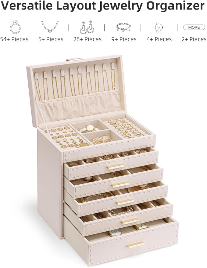 Vlando 6 Layer Large Jewelry Box - Jewelry Holder Organizer, Jewelry Box Organizer for Drawer Necklace Ring Bracelet and Watc