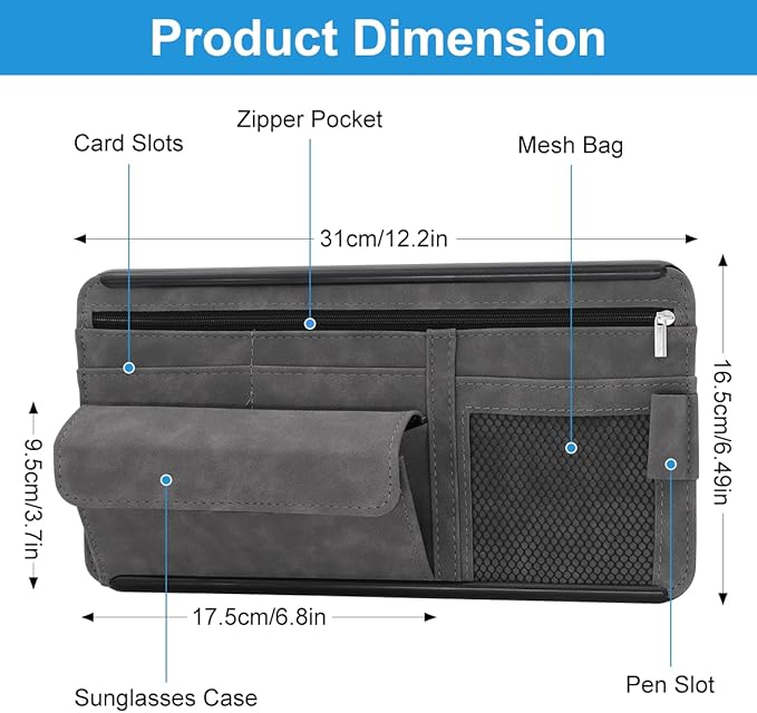 Sun Visor Organizer, Multi-Pocket Auto Visor Organizer for Car, SUV and Truck, Card Holder Glasses Holder for Car Interior Accessories Car Organizers And Storage, Gray