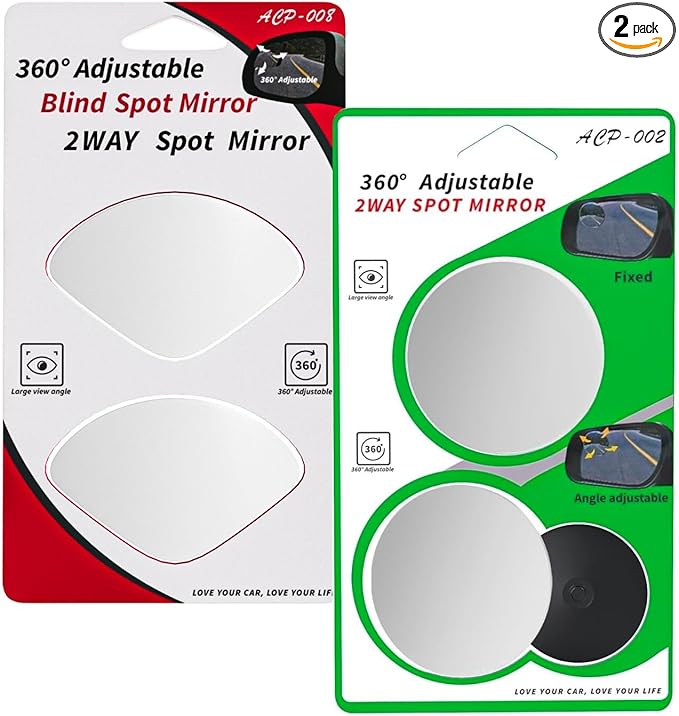 2 Pack 360° Adjustable Blind Spot Mirrors for Cars – Universal Stick-On Rear View Mirrors for Improved Visibility, Wide Angle Convex Mirror for Trucks, SUVs, and Vehicles, Round & Fan-Shaped