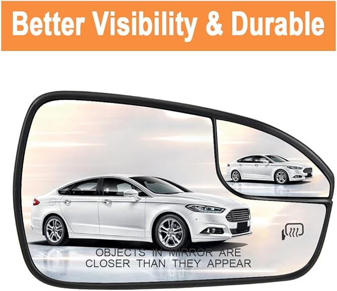 Senzeal Passenger Side Heated Mirror Glass Replacement Convex Mirror with Blind Spot mirror for Ford Fusion 2013 2014 2015 2016 2017 2018 2019 2020 DS7Z17K707B (Right Side)