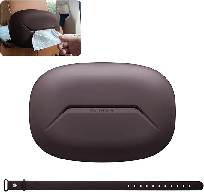 Car Tissue Holder, Silicone Tissue Box Cover with Adjustable Strap, Rectangular, Black, Dark Brown, Decorative, 7.4 * 5.1 * 2.5in