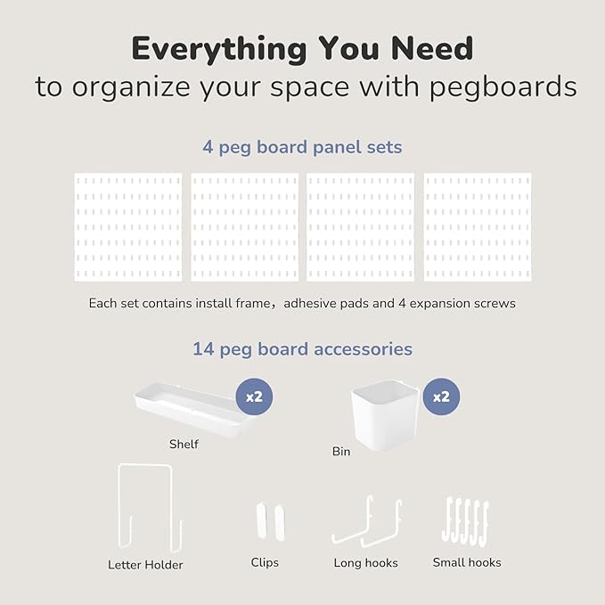 Keepo Peg Board Wall Organizer – Plastic Pegboard Panels, Modular Peg Board Storage System for Home Office, Craft Room, Gamin