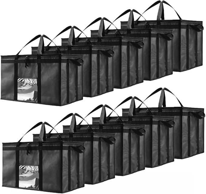 NZ home Insulated Bags for Food Delivery (3XL) Grocery Shopping Cooler Bag, Pizza Delivery, Hot & Cold Catering Tote, Reusable, Foldable & Heavy Duty (10 Pack, Black)