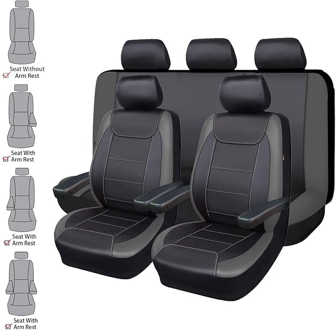 Flying Banner car seat Covers Protects Water Proof Faux Leather Carbon Fiber Front and Rear Bench (Black Gray, Full Set - 8PC