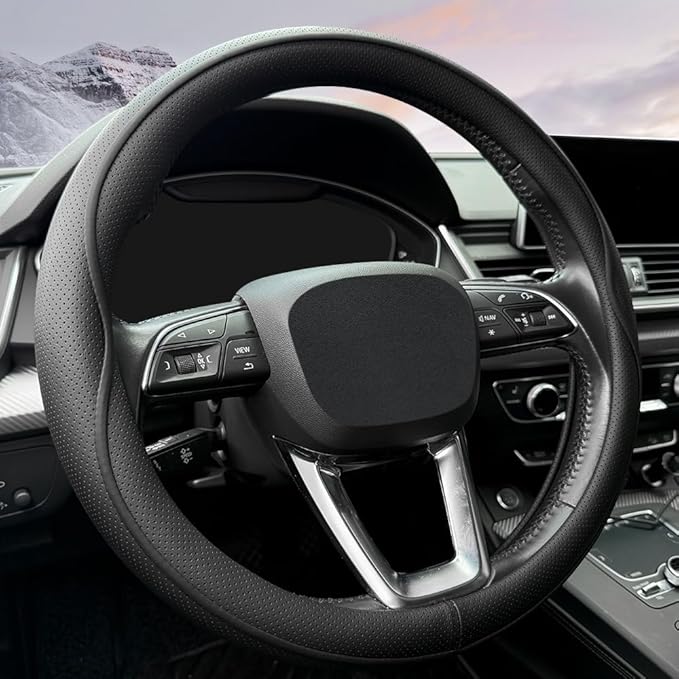 HAOTULE Leather Steering Wheel Cover， with Anti-Slip Stripe Design - Enhanced Grip, Fashion Style, Safe, Non-Slip, Breathable