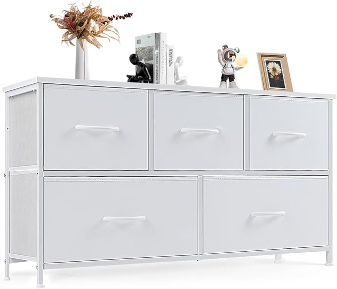 DUMOS Dresser for Bedroom, 5 Storage Drawers, Wide Fabric Closet Chests Organizer Tower Furniture with Wooden Top Metal Frame