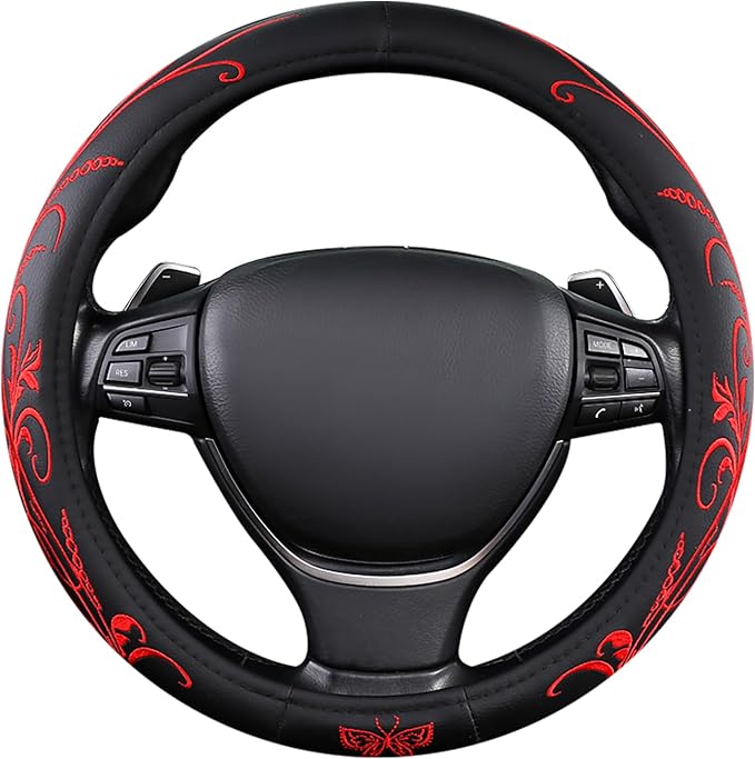 Car Leather Steering Wheel Cover - Panapi Material, Universal 14.5-15 Inch Leather Anti-Slip Breathable Auto Steering Wheel C