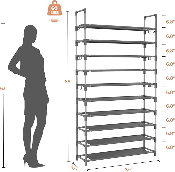 LANTEFUL Tall Shoe Rack 10 Tier Shoe Organizer Large Shoe Shelf with 18 Hooks Storage for 50 Pair Sneaker and Boot, Stackable