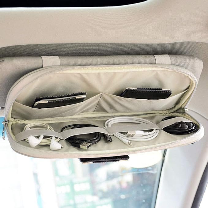Da by Car Visor Organier Truck SUV Sun Visor Storage Pocket PU Leather Pouch Holder with Multi-Pocket Double Zipper Net Pocket, for Cards Pens Sunglasses Document (Cream Grey)