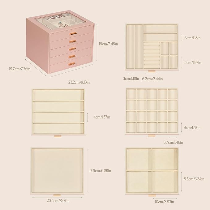 Jewelry Box with Glass Lid, 5-Layer Jewelry Organizer for Women Girls, PU Leather Display Case with 20-Grid Earring Tray & Mo