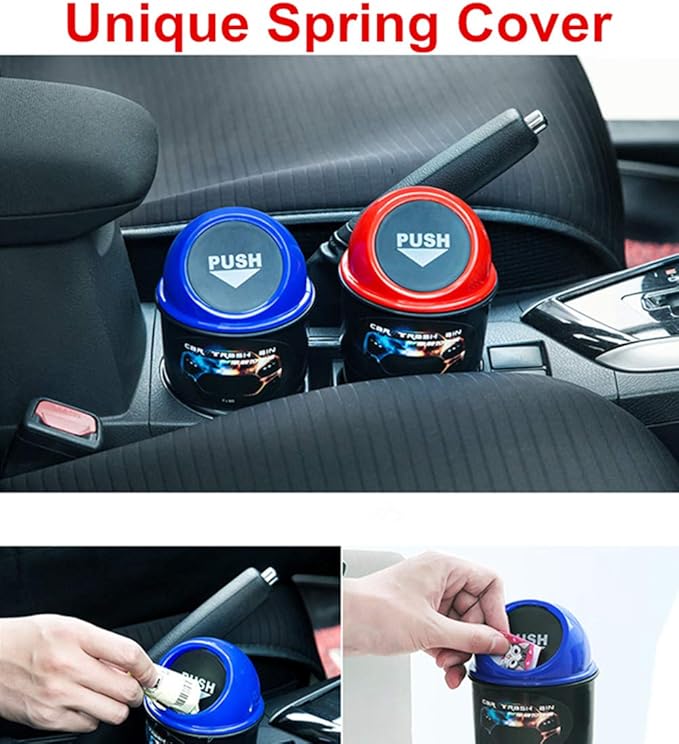 Car Trash Can with Lid, Automotive Cup Holder Mini Vehicle Garbage Can Trash Bin for Car Office Home Bedroom (Blue 2 Pack)