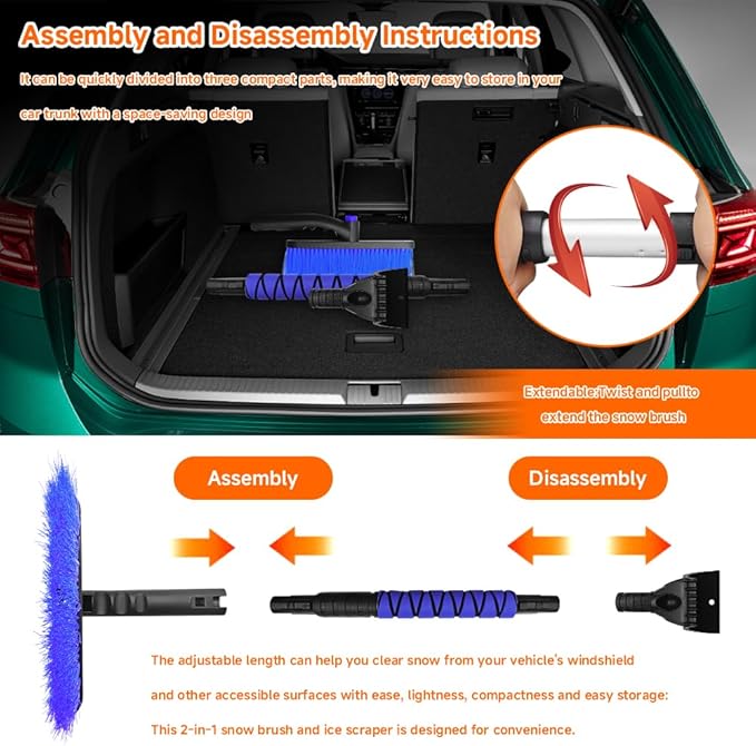 Snow Brush with Ice Scraper, Ice Scrapers, Car Windshieldand Extendable Snow Brush with Foam Grip and 360° Pivoting Brush Head, Detachable Snow Scrapers & Ergonomic Foam Grip for Cars (Blue)