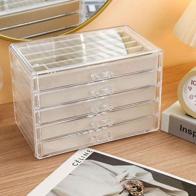 5 Drawers Necklace Organizer Storage, Tray with Clear Lid, Dustproof Velvet Necklaces Holder Storage Display Case, Necklace T