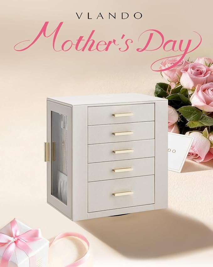 VLANDO 360ｰ Rotating Jewelry Box with 5 Drawers, Mothers Day Mom Gifts, Large Jewelry Storage with 2 Glass Window, PU Leather