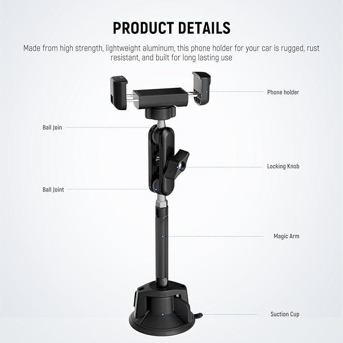 NEEWER Phone Holder for Your Car, 360° Rotating Vacuum Suction Cup Metal Cell Phone Mount Extended Magic Arm Compatible with iPhone Samsung for Windshield Skylight Navigation Video Recording, PA137