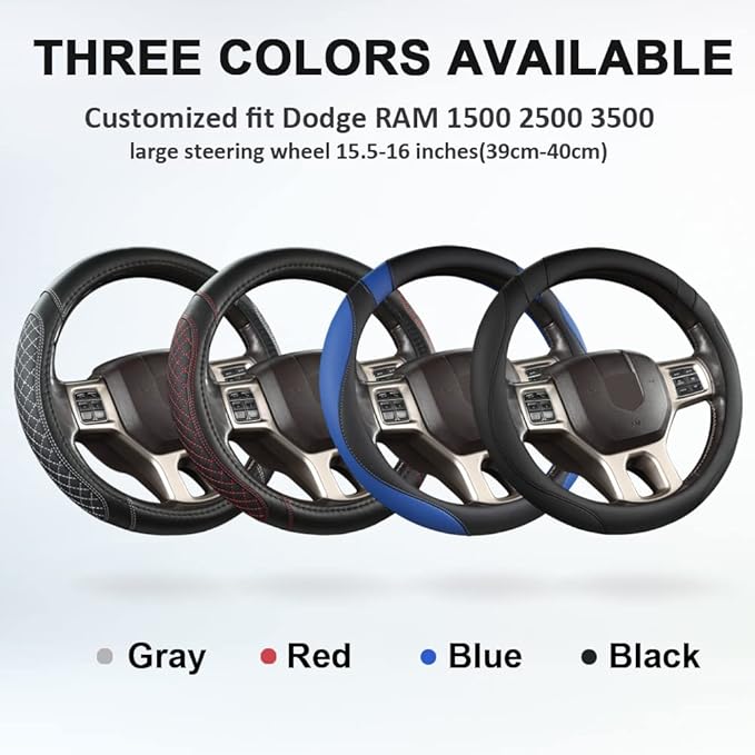 West Llama Customized Auto Car Steering Wheel Cover for Dodge RAM 1500 2500 3500, 15.5-16 inch (Diamond Quilted-Black+Gray-La
