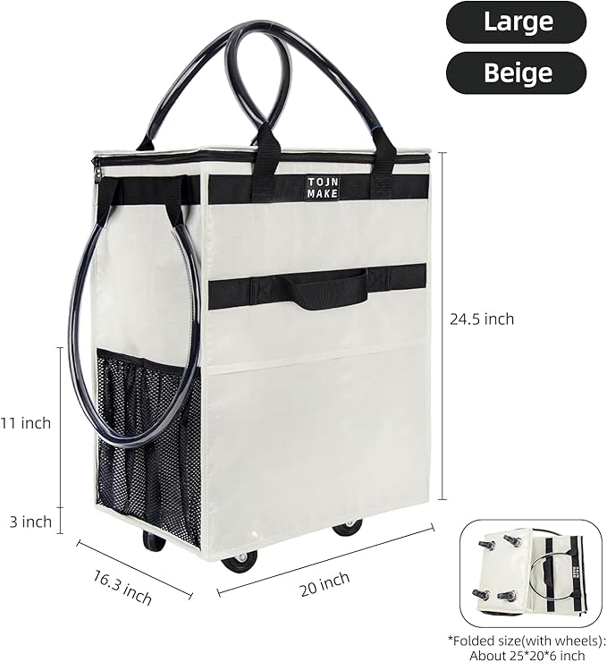 Reusable Grocery Bag On Wheels Shopping Trolley with 8 Pockets and Zipper Cover Foldable Rolling Tote, Heavy Duty Handles, Carries Up to 66 LBS (Large, Beige)