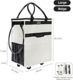 Reusable Grocery Bag On Wheels Shopping Trolley with 8 Pockets and Zipper Cover Foldable Rolling Tote, Heavy Duty Handles, Carries Up to 66 LBS (Large, Beige)