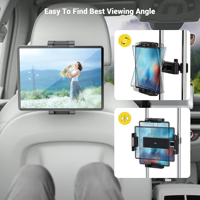 AHK Car Headrest Mount Holder, for iPad Pro/Air/Mini, Tablets, Nintendo Switch, iPhone, Samsung Galaxy/Note, Smartphones, Compatible with 4.5" to 10" Device, 360° Rotation