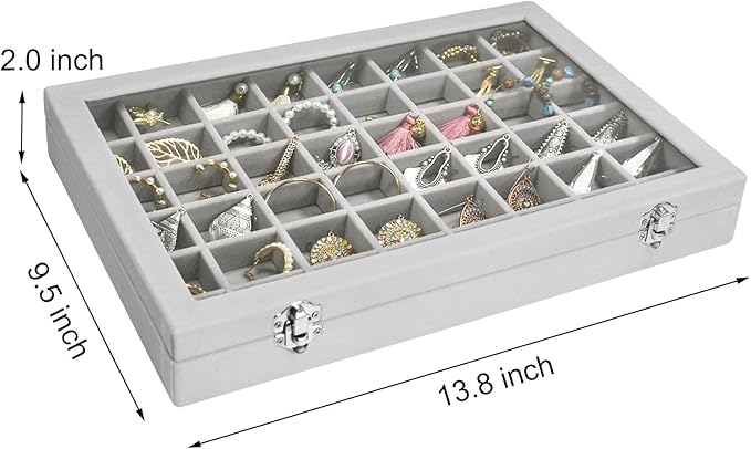 Siveit Velvet Jewelry Tray 48 Grid Jewelry Display Tray Organizer Box with Transparent Lid Rings Earrings Necklaces Pendants 