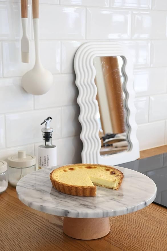 Marble Lazy Susan 12" with Wooden Base, Cake Stand, Rotating Tray, Cheese Board, Kitchen Turntable