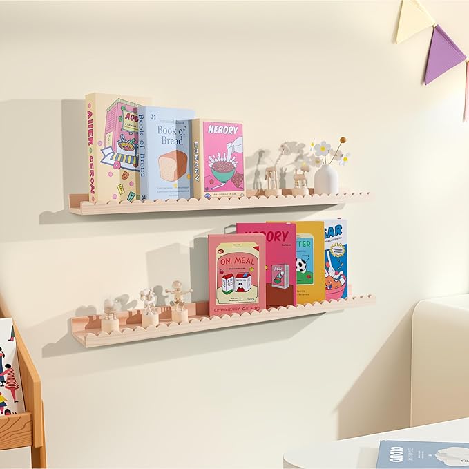 NEXHOME PRO Nursery Book Shelves, 2-Pack Solid Pine Wood Floating Shelves for Wall Kids, Wall Mounted Shelves for Bedroom/Liv