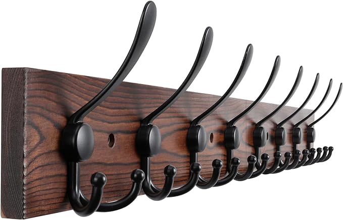 Kuhome 32.2'' Large Coat Rack Wall Mount Coat Hooks Coat Hanger with 8 Metal Black Triple- Hooks Brown Pine Real Wood Plank H