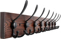 Kuhome 32.2'' Large Coat Rack Wall Mount Coat Hooks Coat Hanger with 8 Metal Black Triple- Hooks Brown Pine Real Wood Plank H