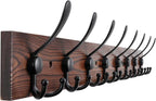 Kuhome 32.2'' Large Coat Rack Wall Mount Coat Hooks Coat Hanger with 8 Metal Black Triple- Hooks Brown Pine Real Wood Plank H