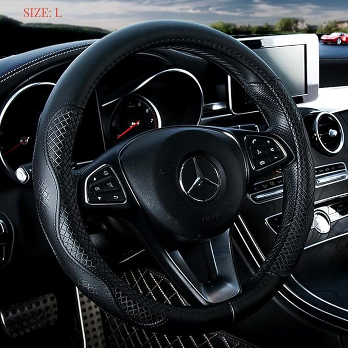 Black Leather Steering Wheel Cover Cowhide Wheel Cover Genuine Leather Steering Wheel Covers Universal Size L / 15.5inch (B-Black-L)