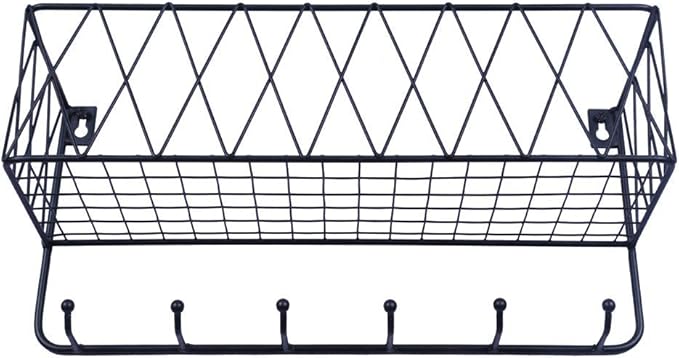OROPY Entryway Mail Holder with Key Hooks, 14" L×4.7" W×6.5" H, Wall Mounted Matte Black Metal Wire Mesh Storage Basket with 