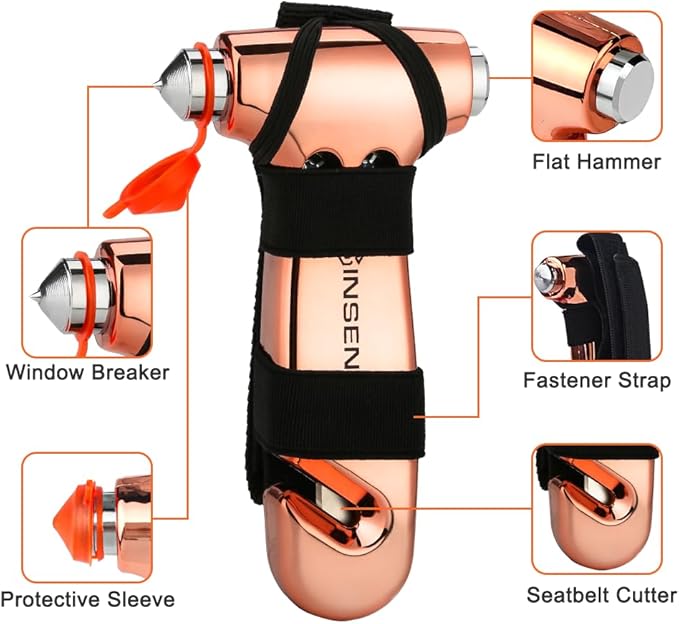 SINSEN Car Window Breaker Seatbelt Cutter, Emergency Tool, Safaty Hammer to Break Glass, Escape Kit for Women, 3-in-1, Neon P