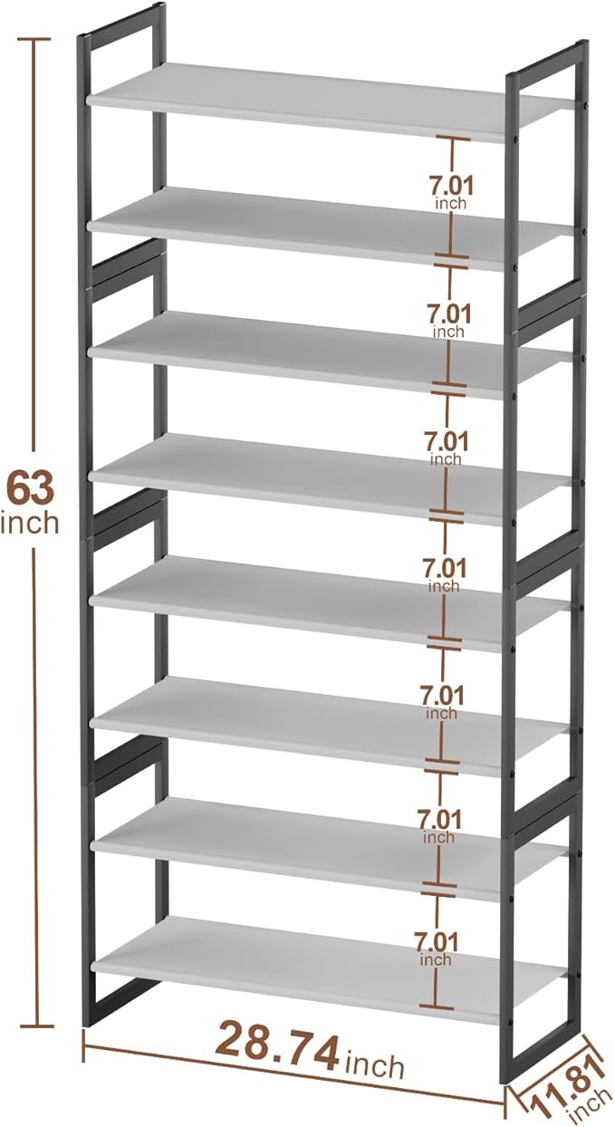 8-Tier Tall Shoe Rack, Stackable Zero-Wobble Metal Frame with Screw-Fastened Joints, 11.8" Deep Heel-Friendly Non-Woven Shelv