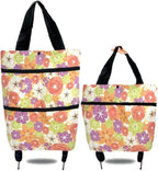 Reusable Grocery Bags with Waterproof Coating and Folding Wheels - Foldable Tote Bags for Shopping, Multi-Purpose Storage for Groceries（Orange Flower）