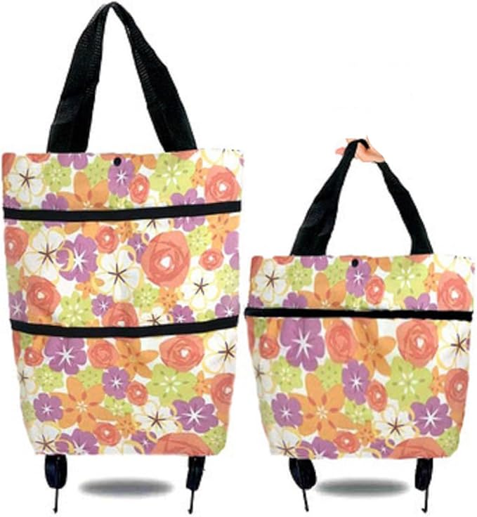 Reusable Grocery Bags with Waterproof Coating and Folding Wheels - Foldable Tote Bags for Shopping, Multi-Purpose Storage for Groceries（Orange Flower）