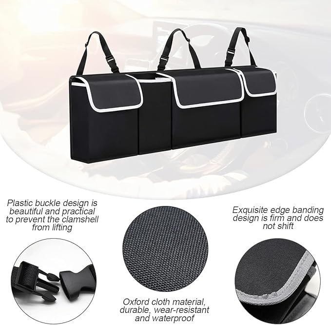 Car Trunk Organizer with Lid, Backseat Hanging Storage Bag with 4 Pockets & 3 Adjustable Straps, Waterproof PVC